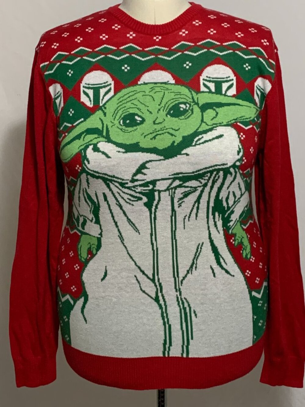 Ugly Christmas Sweater Star Wars Mandalorian Grogu Baby Yoda Red MENS Womens L